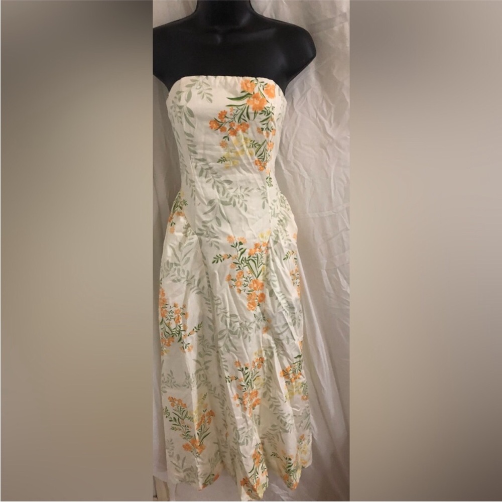 Strapless cream orange floral smocked back midi fit & flare dress size Large new